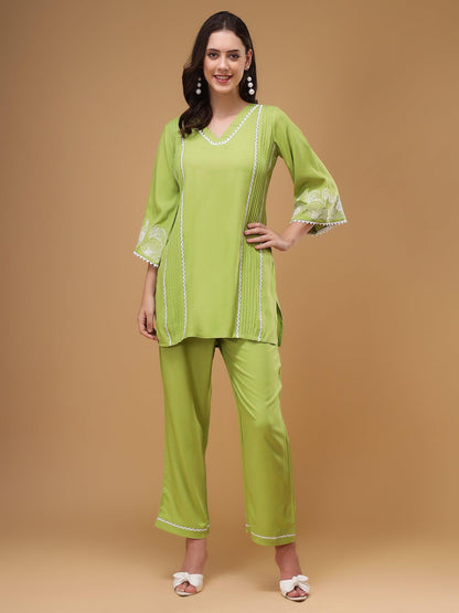 Amaira Green Floral Embroidered V-Neck Lace Top & Flared Trouser