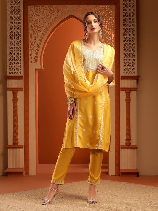 Trisha Mustard Muslin Embroidered Kurta Set with Dupatta