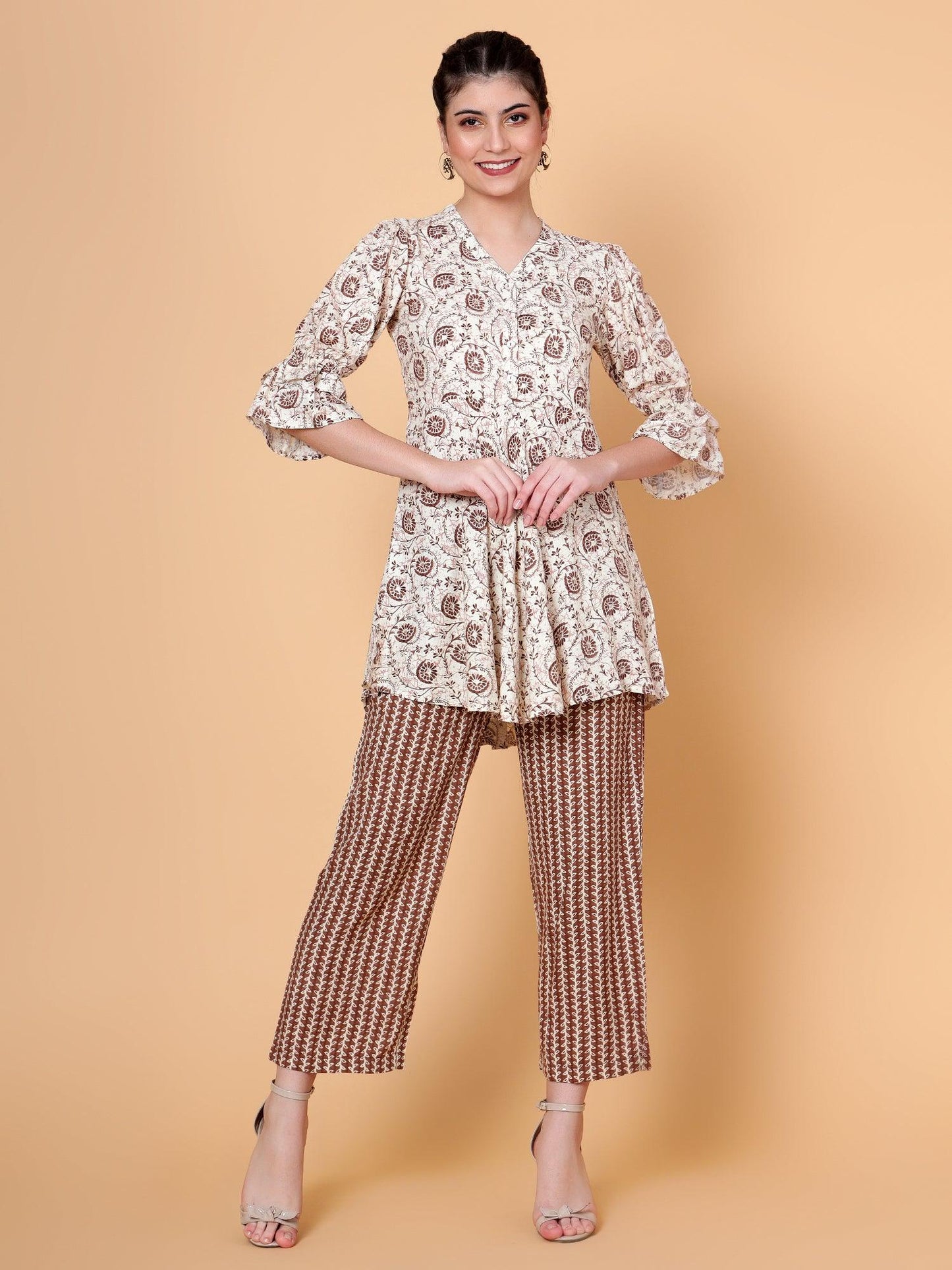 Women Printed Co-Ord Set Brown