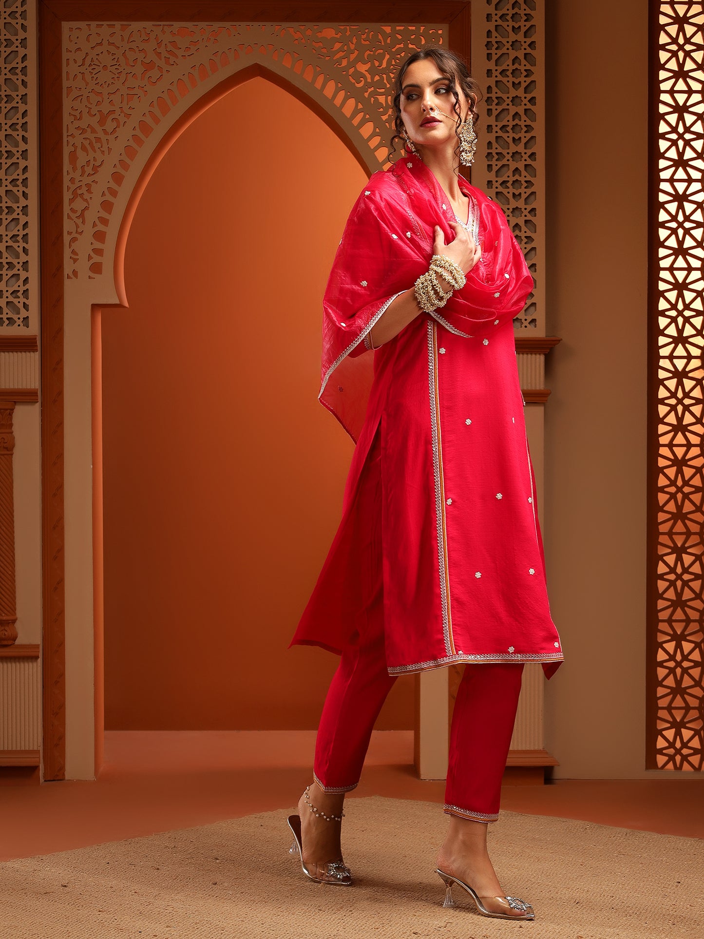 Kesar Muslin Red Embroidered Straight Kurta Set With Dupatta