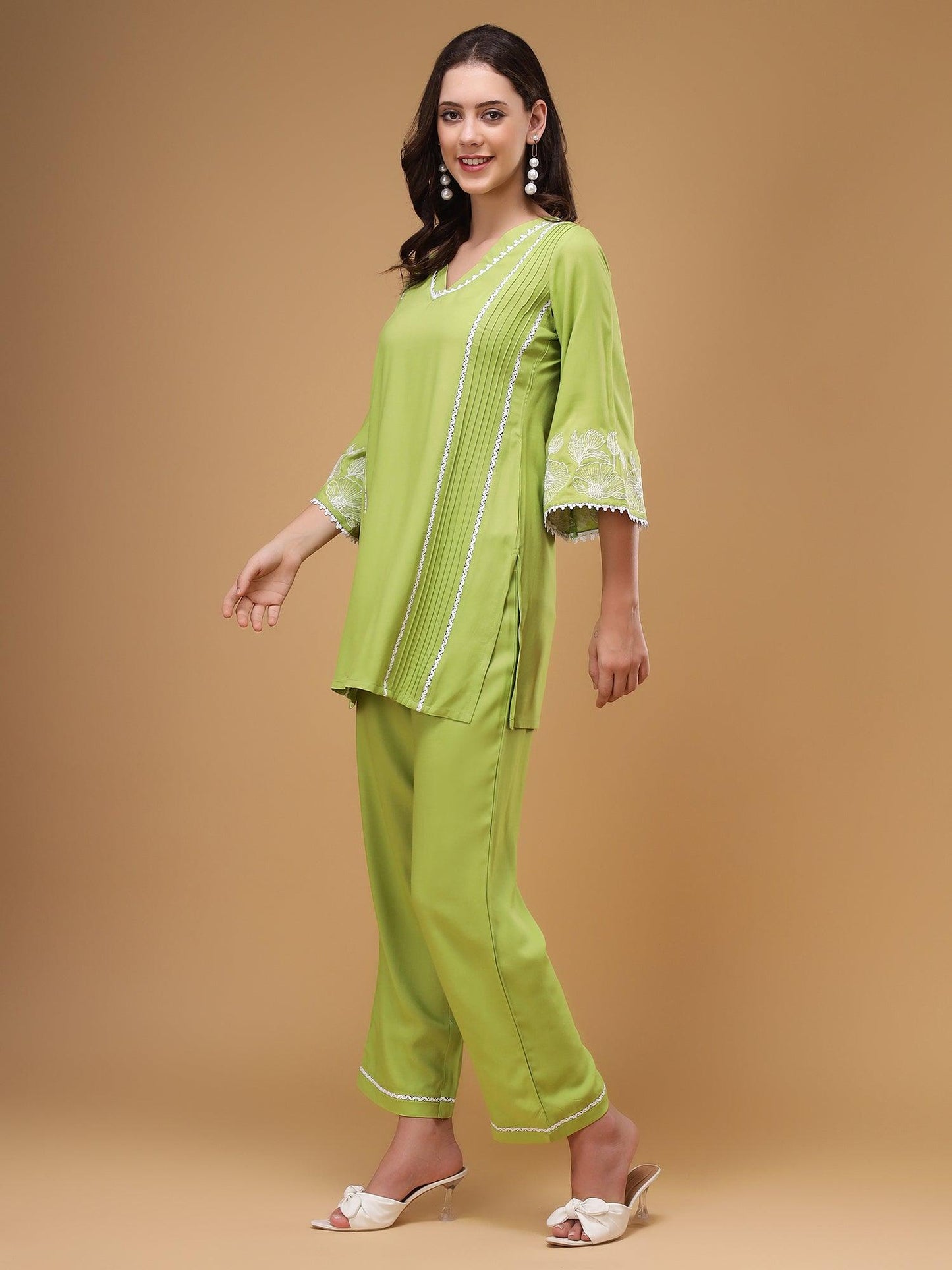 Amaira Green Floral Embroidered V-Neck Lace Top & Flared Trouser