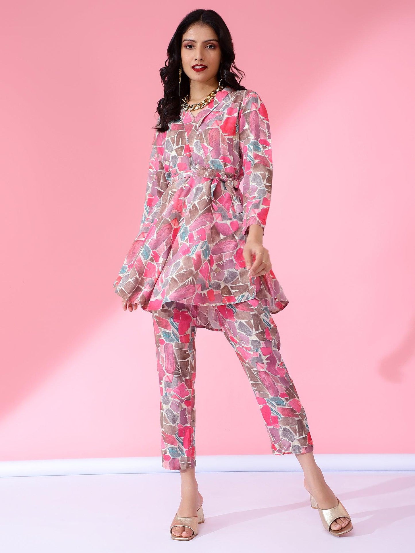 Tie Top Printed Co-Ord Set Pink