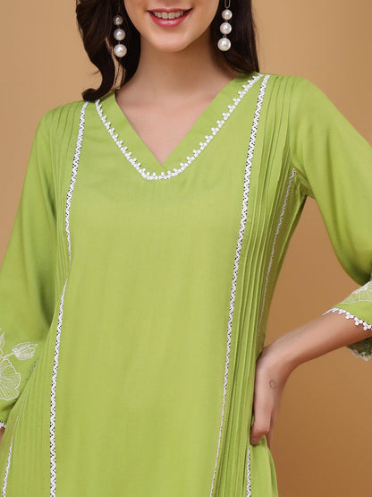 Amaira Green Floral Embroidered V-Neck Lace Top & Flared Trouser