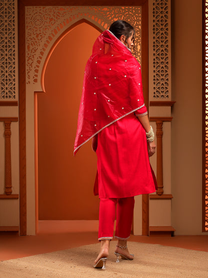 Kesar Muslin Red Embroidered Straight Kurta Set With Dupatta