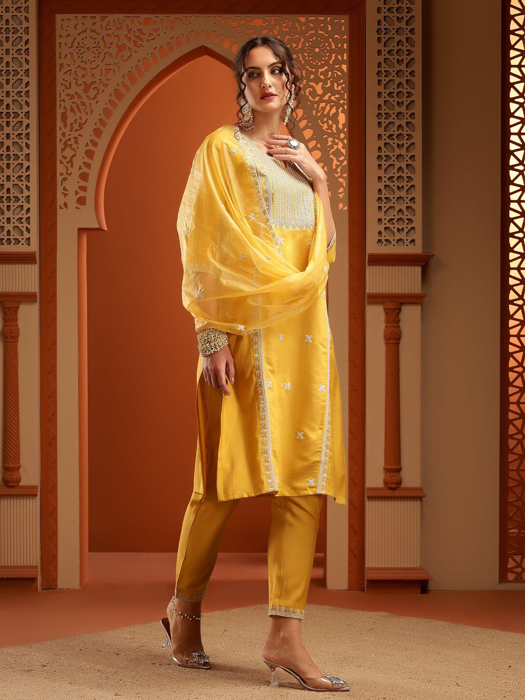 Trisha Mustard Muslin Embroidered Kurta Set with Dupatta