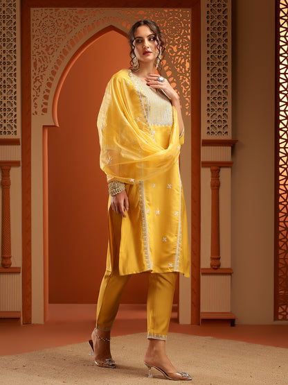 Trisha Mustard Muslin Embroidered Kurta Set with Dupatta