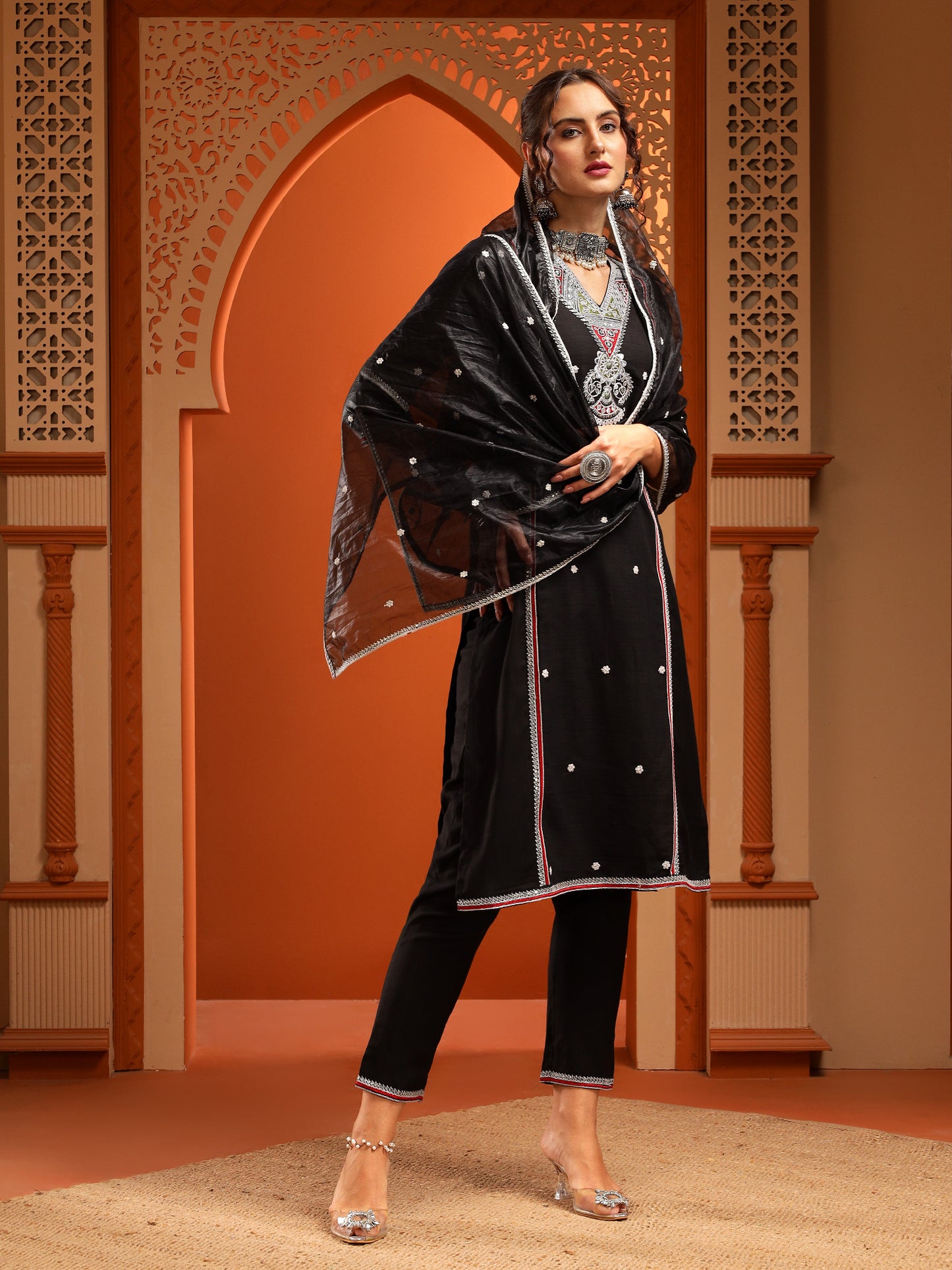 Kesar Muslin Black Embroidered Straight Kurta Set With Dupatta