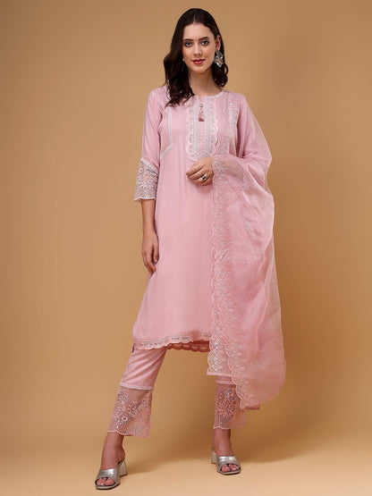 Bani Women Flared Embroidered Rayon Kurta with Trouser & Dupatta