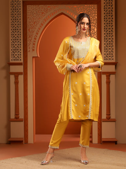 Trisha Mustard Muslin Embroidered Kurta Set with Dupatta