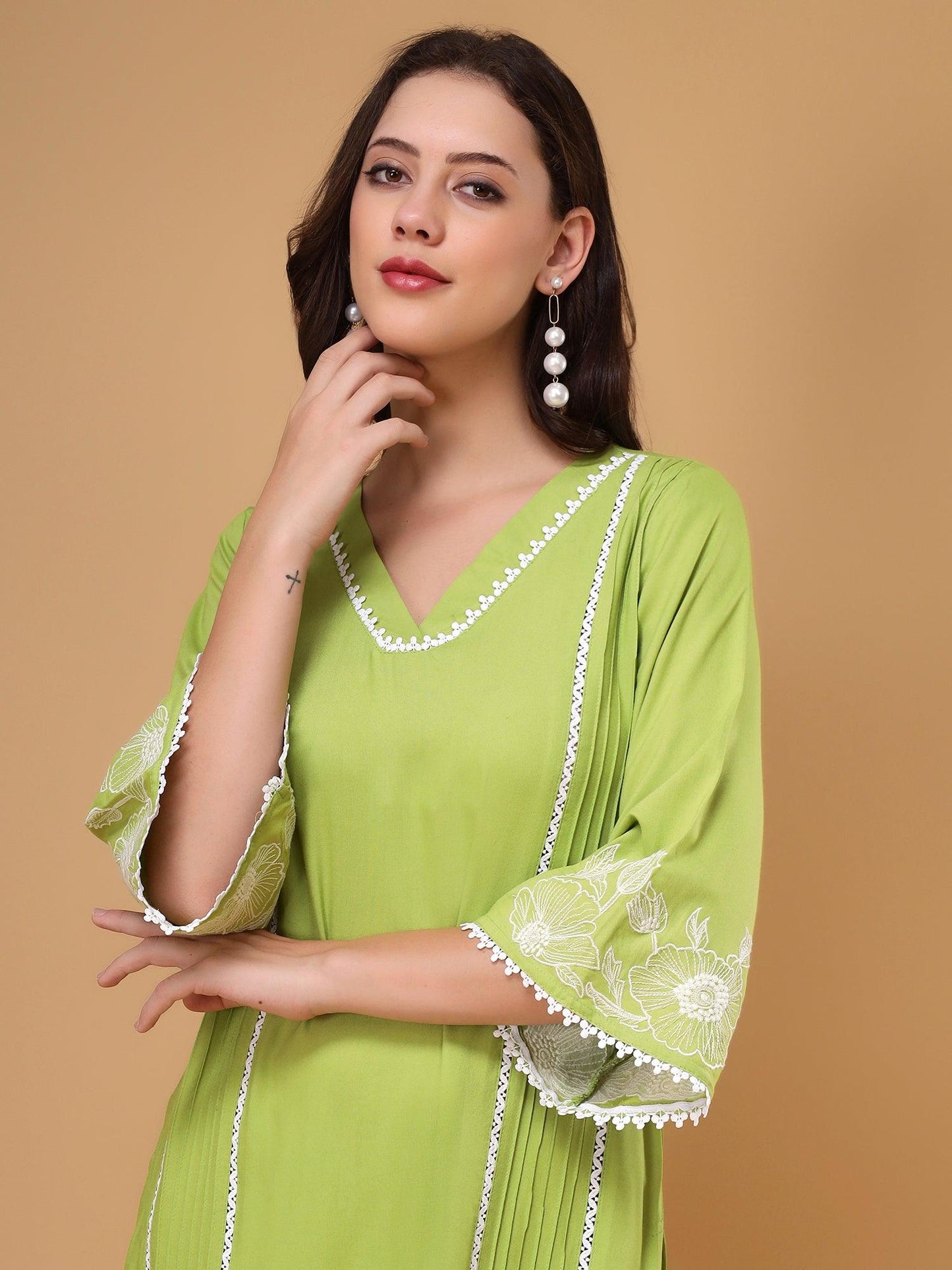 Amaira Green Floral Embroidered V-Neck Lace Top & Flared Trouser