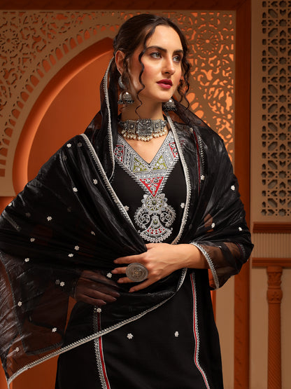 Kesar Muslin Black Embroidered Straight Kurta Set With Dupatta