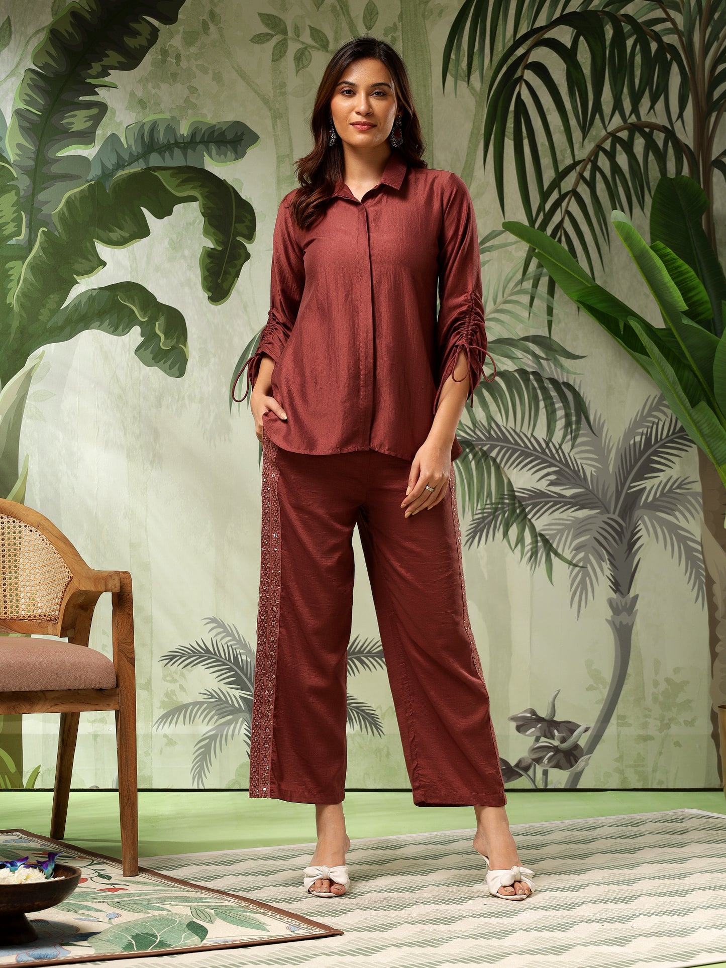 Brown Silk Blend Co-ord Set with Embroidered Trousers | Women's 2-Piece Shirt and Trouser Outfit | Casual Wear