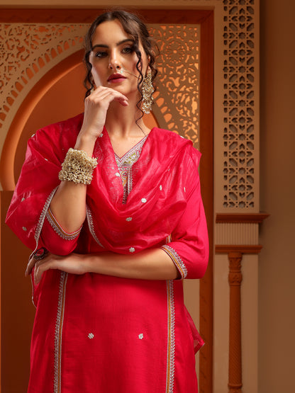 Kesar Muslin Red Embroidered Straight Kurta Set With Dupatta