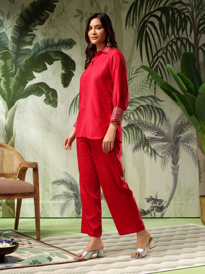 Swarna Red Muslin Embellished Co-Ord Set