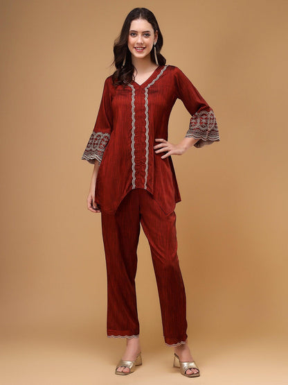 Ameera Liva Rust Red Embroidered Co-ord Set