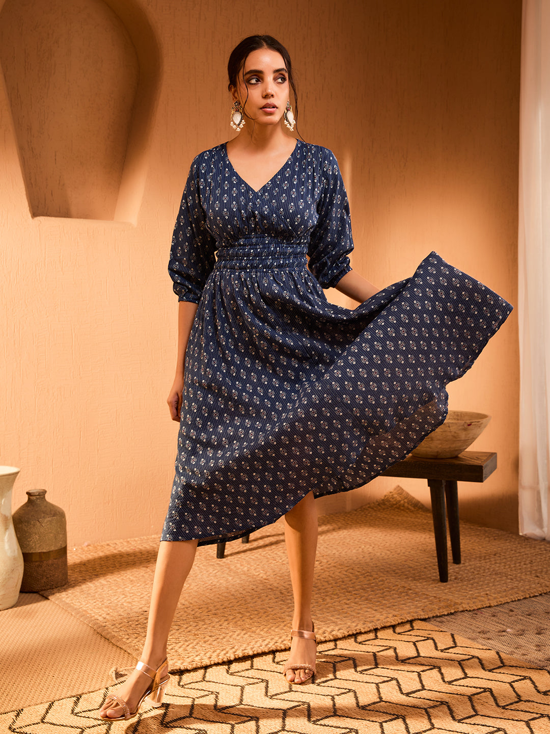 Ocean Printed Cotton Midi Dress for Women