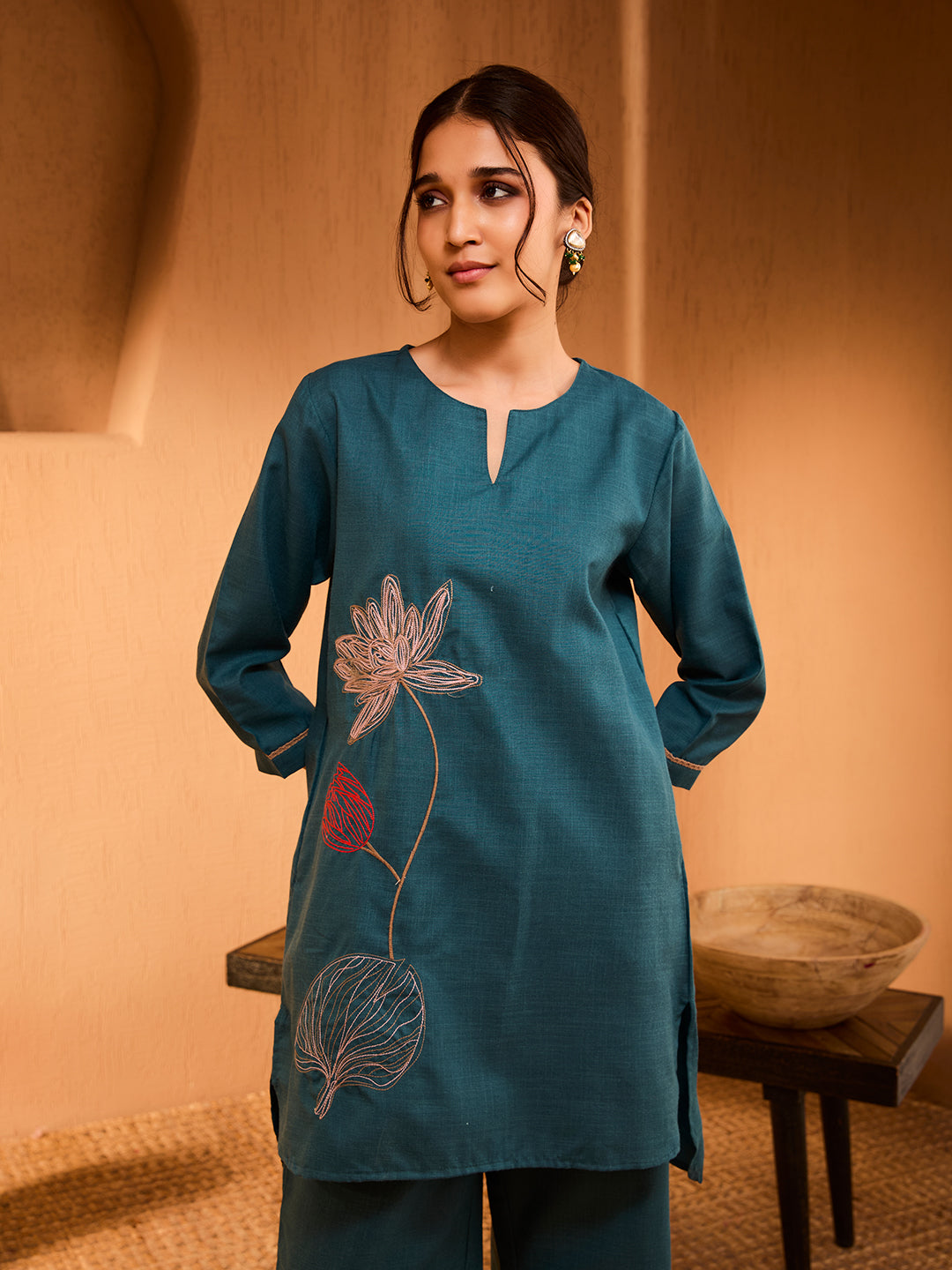 Anahita Floral Embroidered Teal Blue Co-ord Set