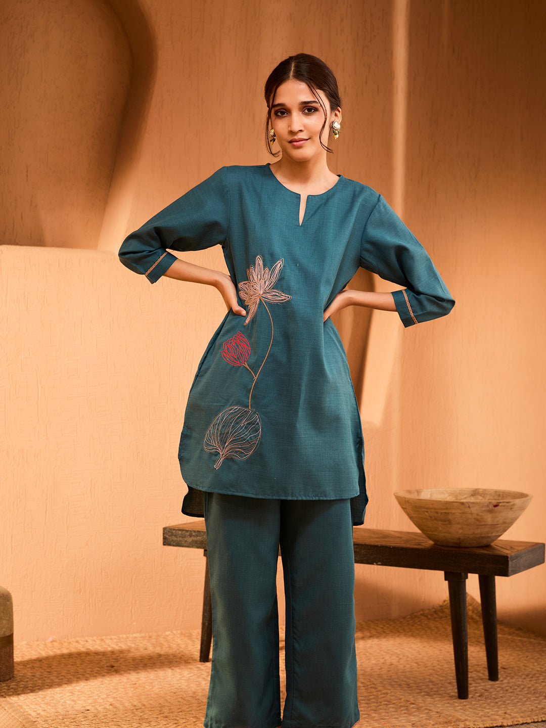 Anahita Floral Embroidered Teal Blue Co-ord Set