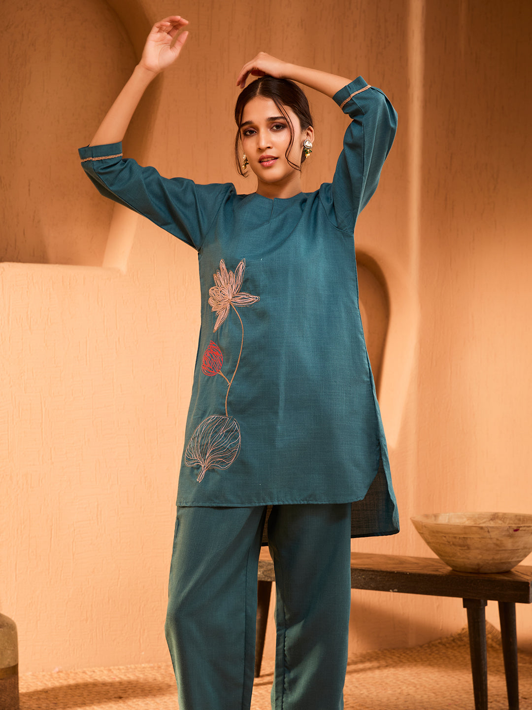 Anahita Floral Embroidered Teal Blue Co-ord Set