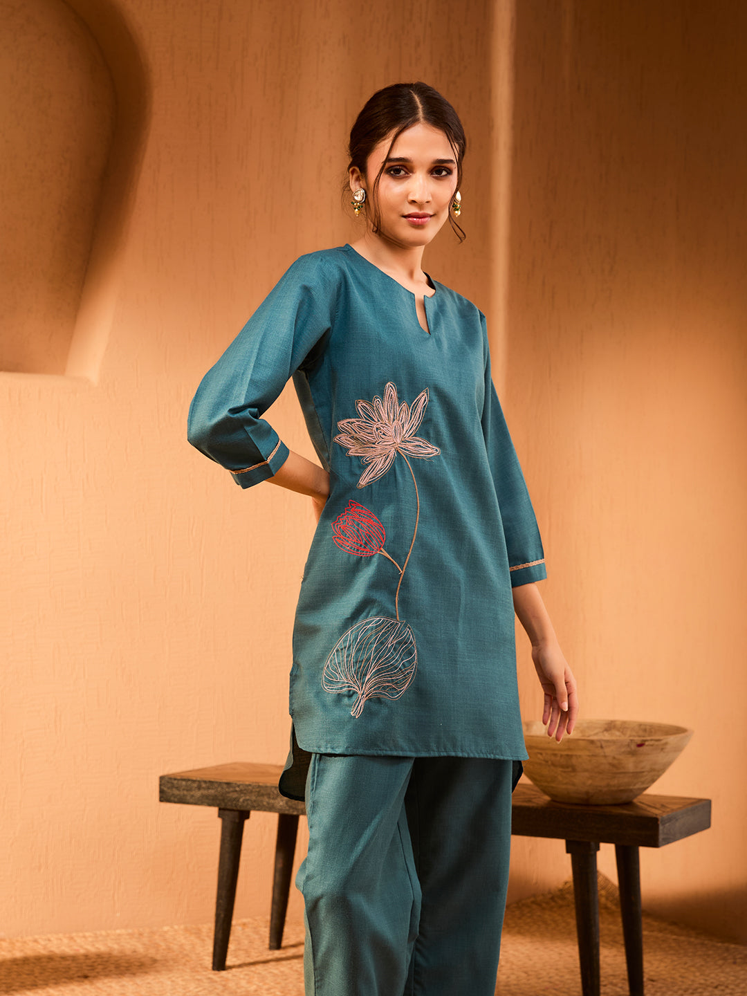 Anahita Floral Embroidered Teal Blue Co-ord Set