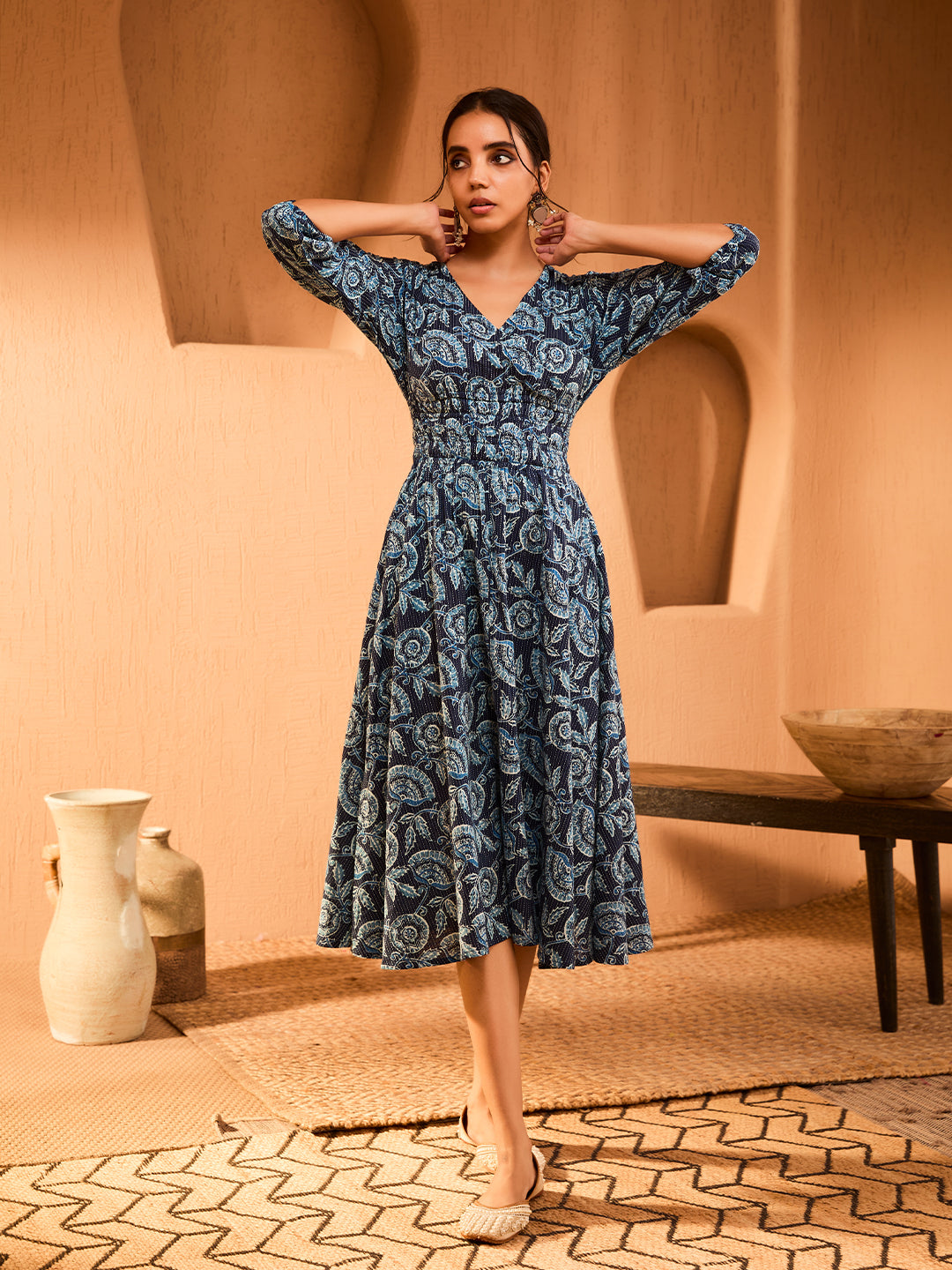 Nysha Printed Motifs Navy Blue Dress