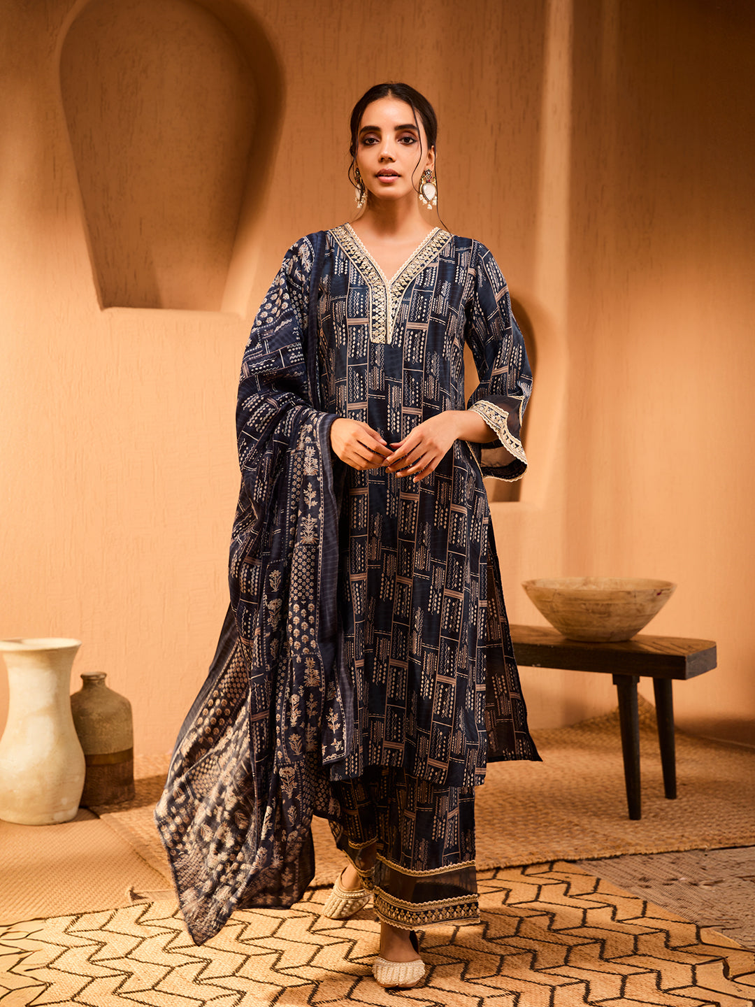 Timeless Indigo Charm Geometric Modal Chanderi Kurta Set