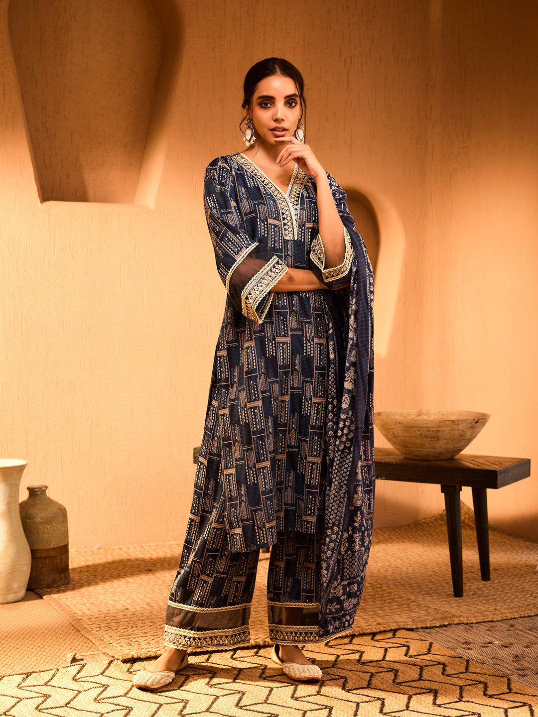 Timeless Indigo Charm Geometric Modal Chanderi Kurta Set