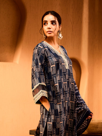 Timeless Indigo Charm Geometric Modal Chanderi Kurta Set