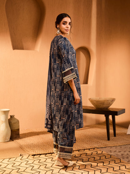 Timeless Indigo Charm Geometric Modal Chanderi Kurta Set