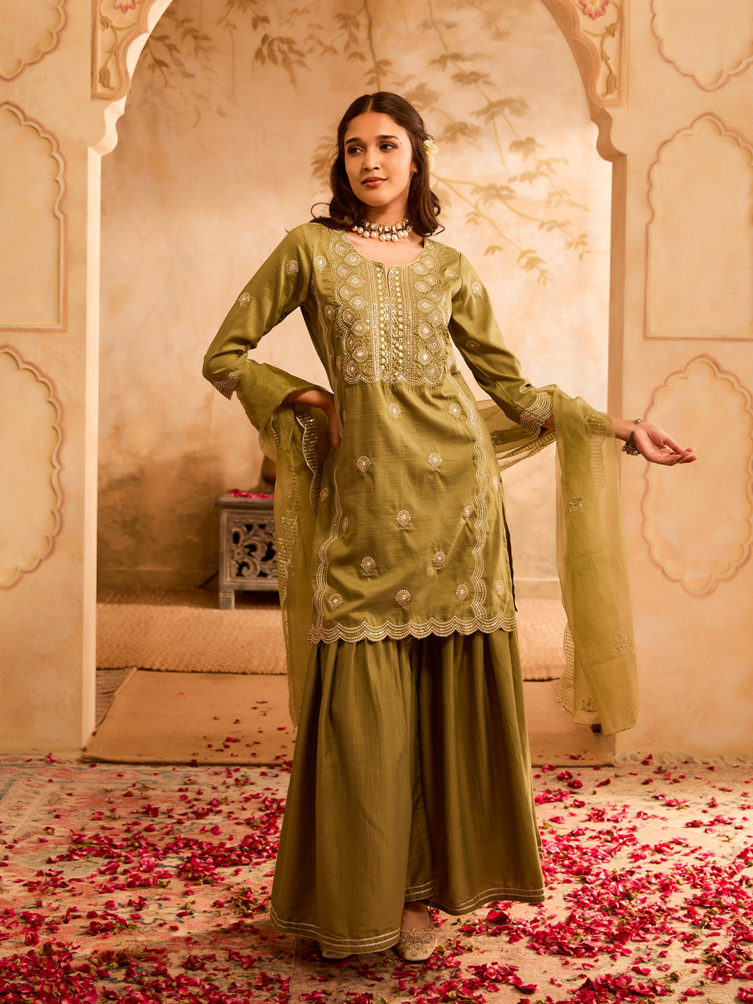 Rajwah Silk Women Green Embroidered Kurta Dupatta Set with Flared Palazzo