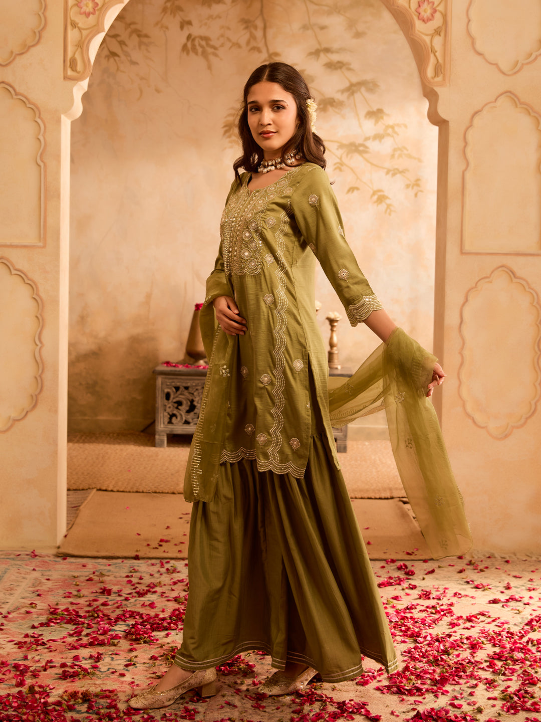 Rajwah Silk Women Green Embroidered Kurta Dupatta Set with Flared Palazzo