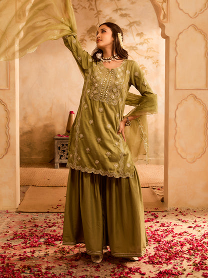 Rajwah Silk Women Green Embroidered Kurta Dupatta Set with Flared Palazzo