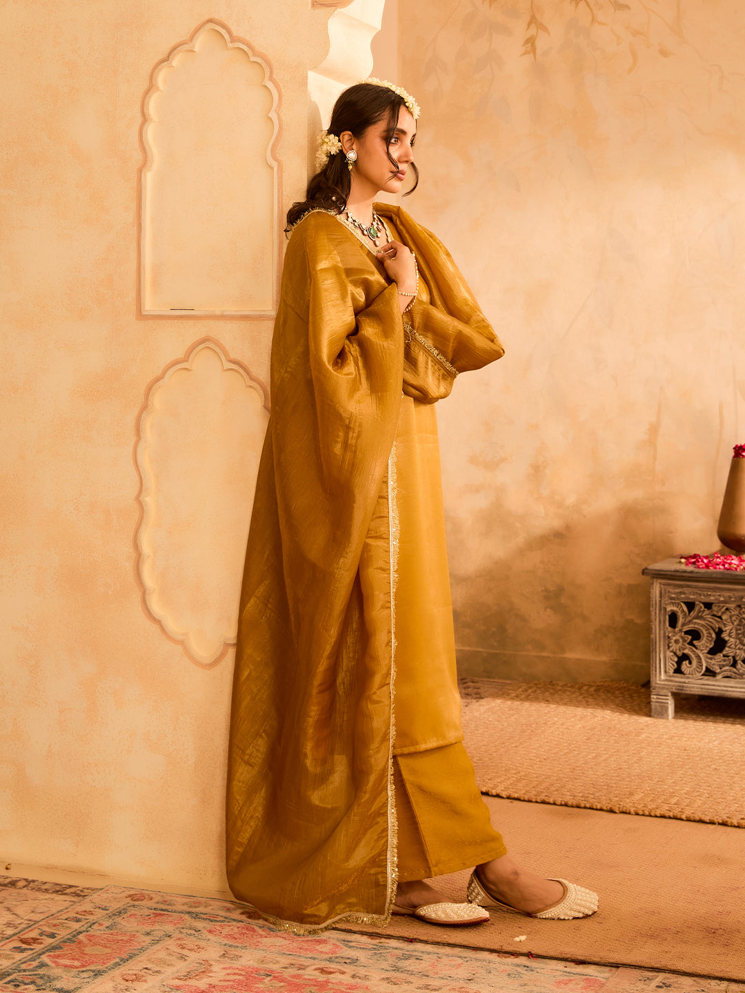 Zari Nazakat Mustard Silk Shimmer Kurta Set from Sunehra Safar