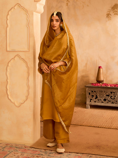 Zari Nazakat Mustard Silk Shimmer Kurta Set from Sunehra Safar