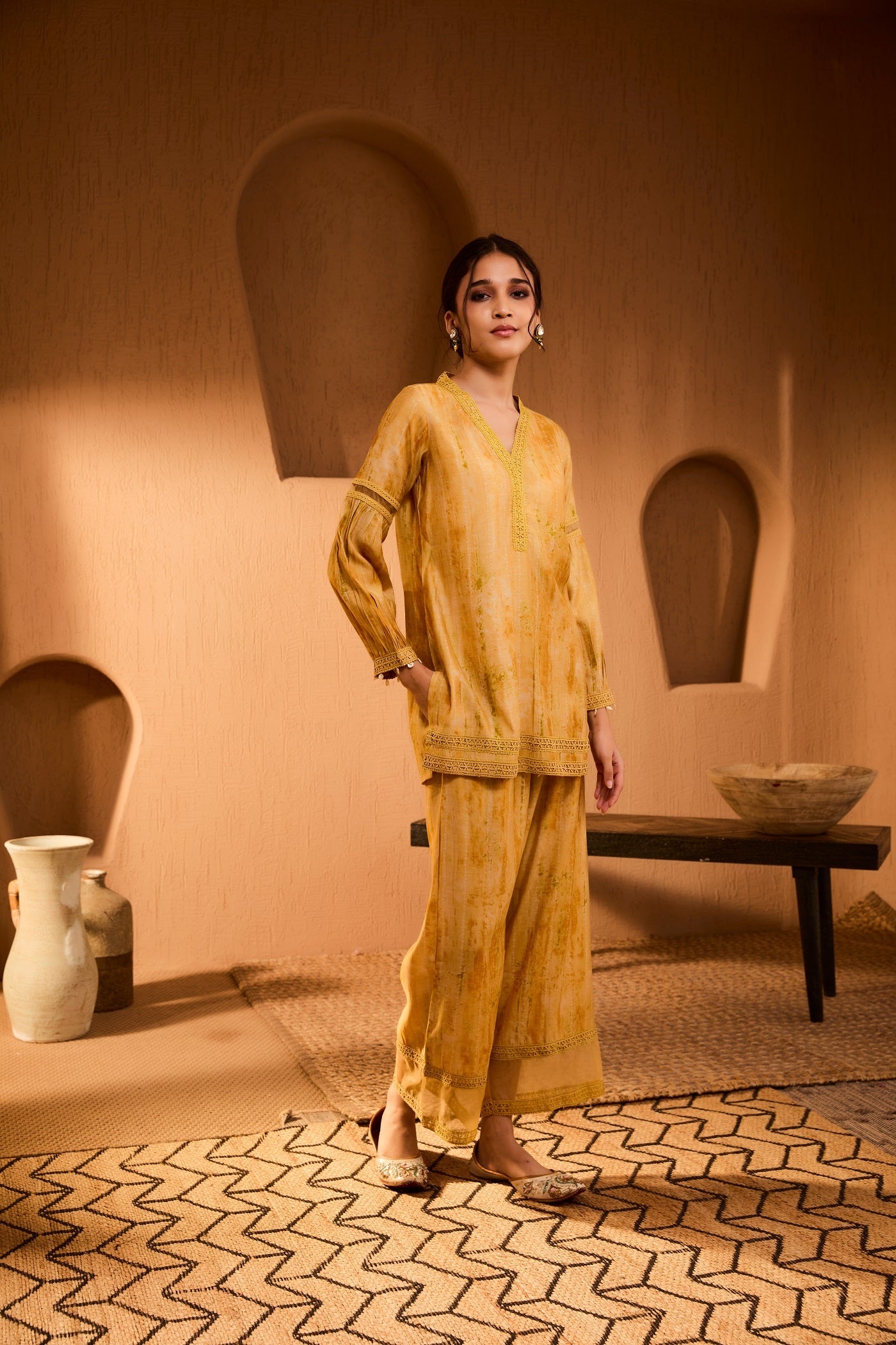 Bani Women Rust Elegance Embroidered Striped Co-Ord Set