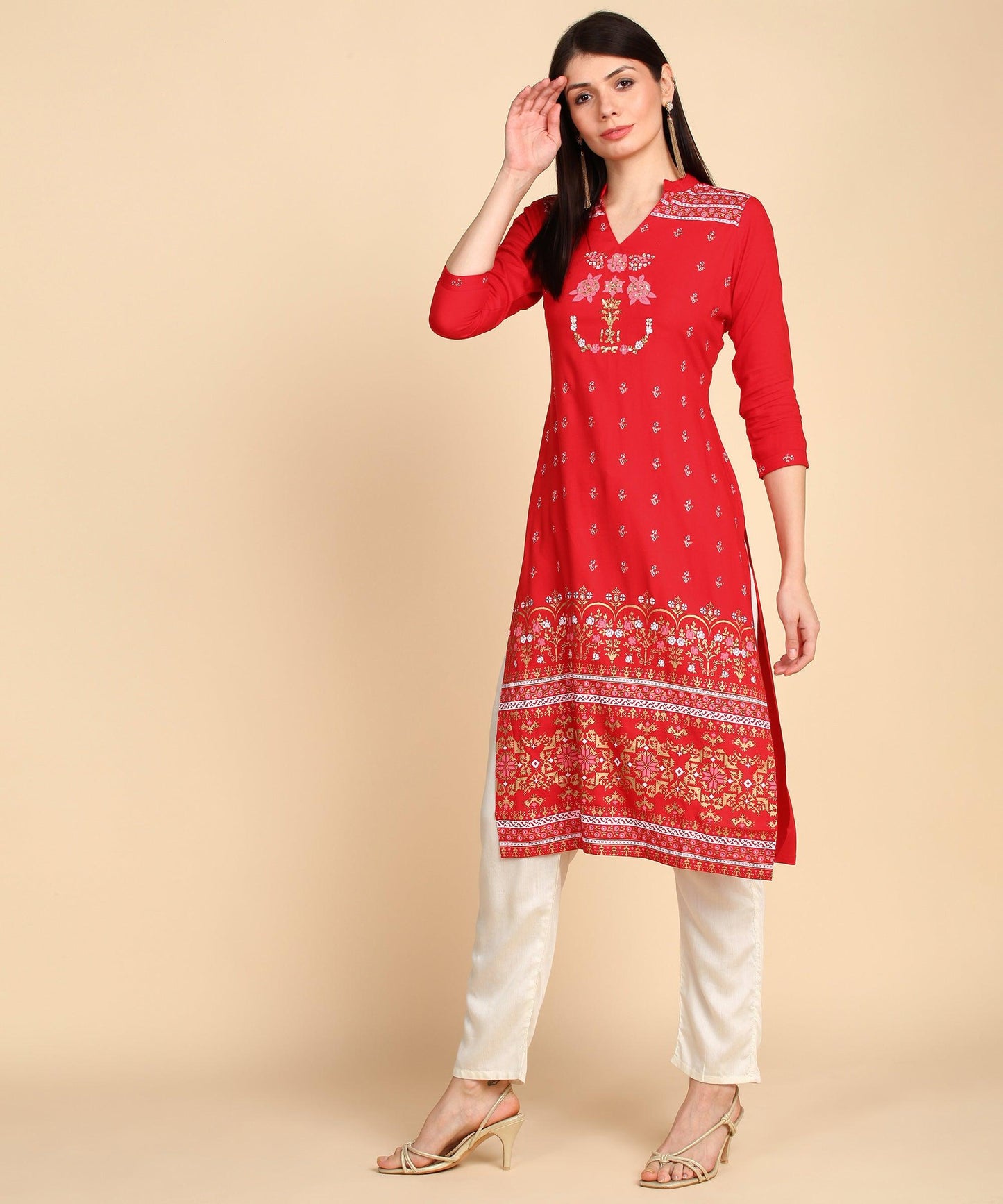 Zehra Women Yoke Print Red Straight Kurti Set