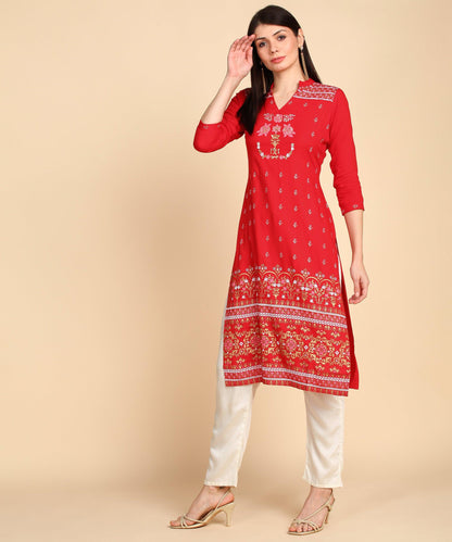 Zehra Women Yoke Print Red Straight Kurti Set