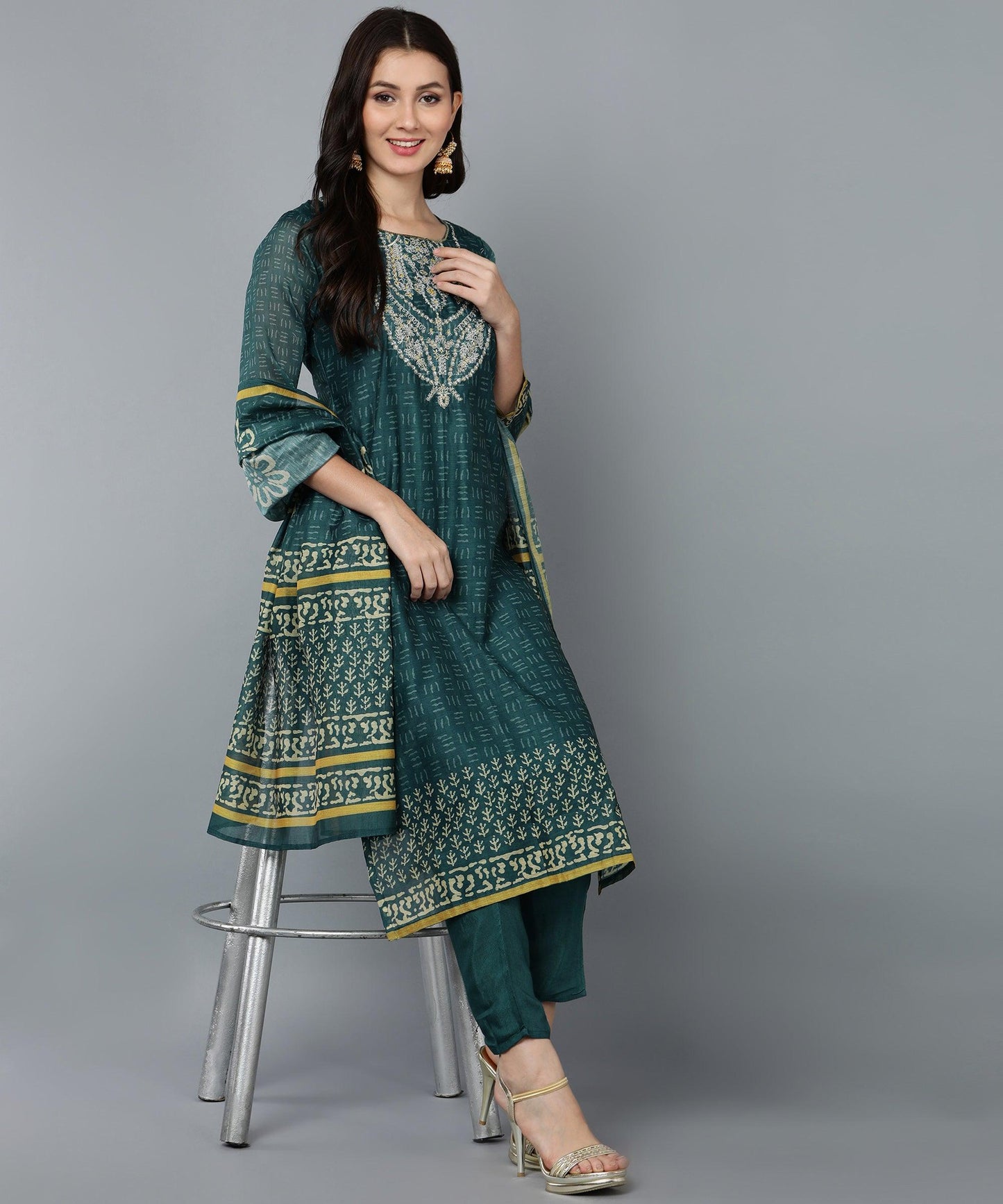 Bani Women Yoke Embroided Kurta Pant Set with Dupatta Rust & Teal