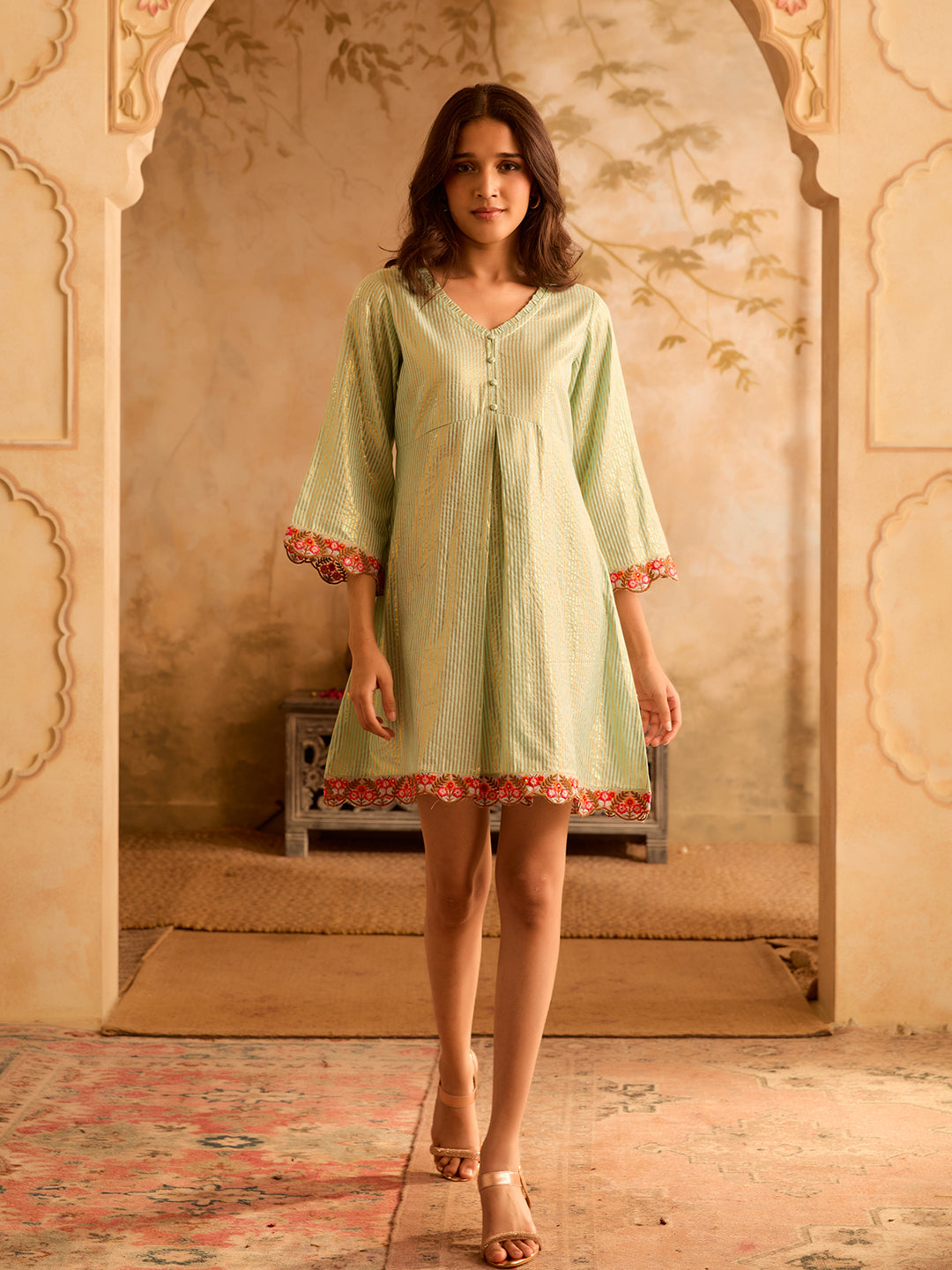 Cotton Lurex Green A-Line Dress with Floral Embroidered Hem