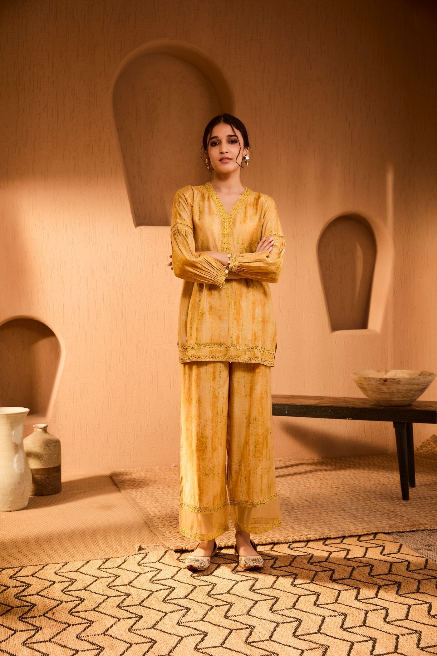 Bani Women Rust Elegance Embroidered Striped Co-Ord Set