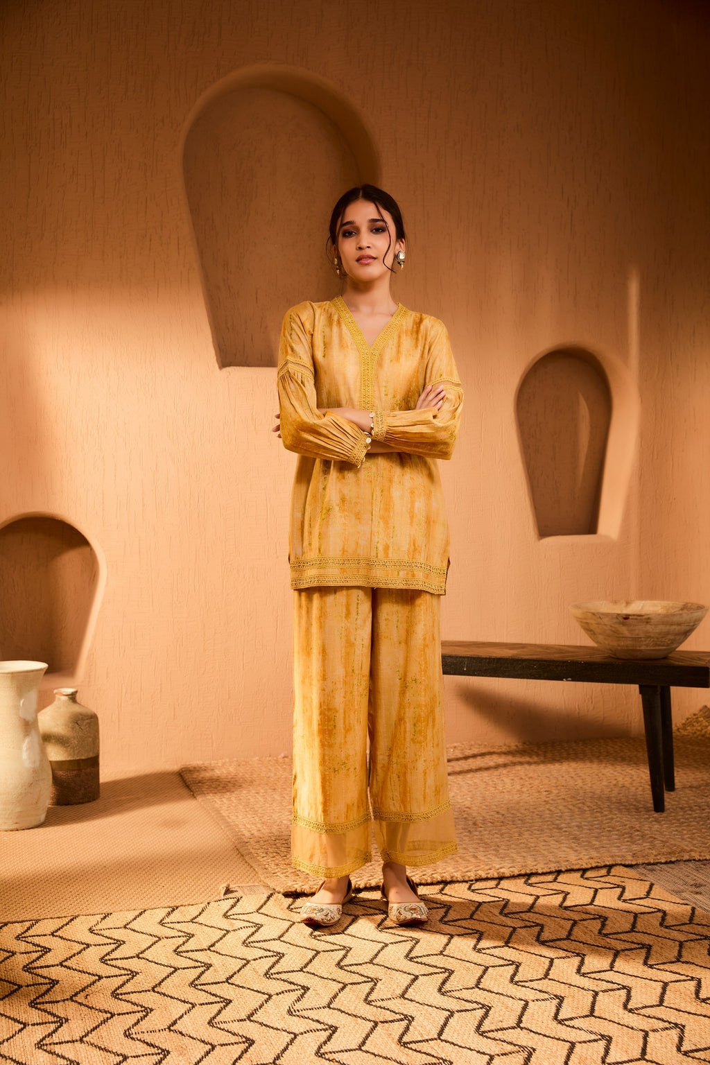Bani Women Rust Elegance Embroidered Striped Co-Ord Set