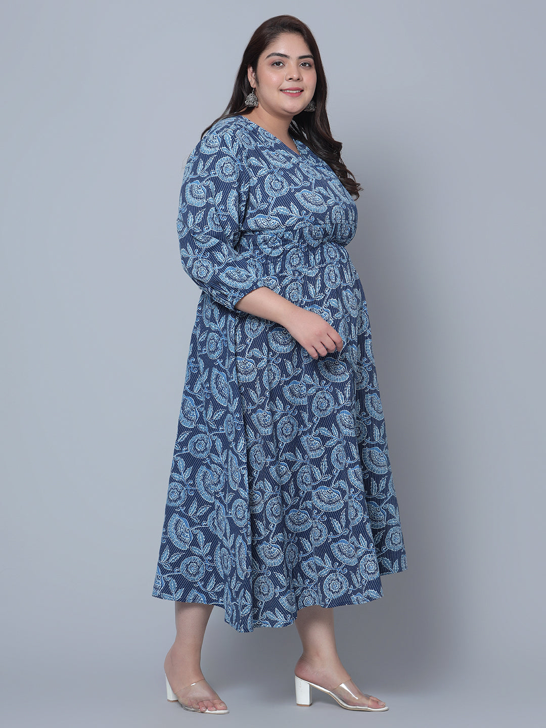 Ethnic Motifs Printed Smocked Waist Puff Sleeve Fit & Flare Midi Dress