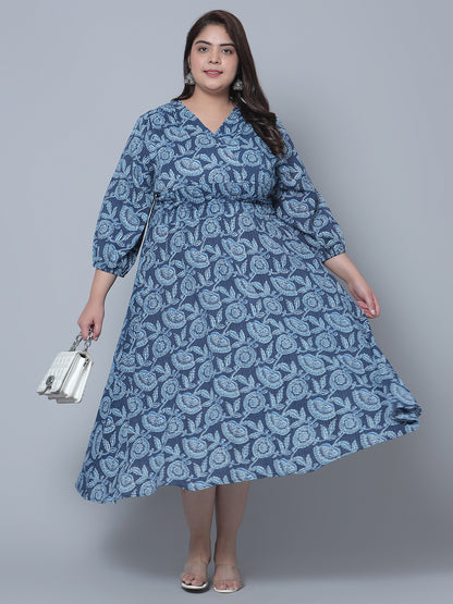 Ethnic Motifs Printed Smocked Waist Puff Sleeve Fit & Flare Midi Dress