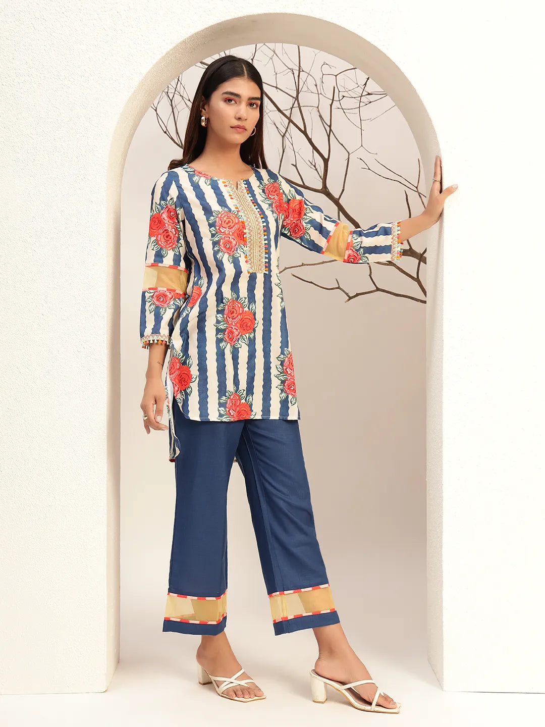 Blue Floral Striped Printed Caller Neck Casual Tunic With Trouser Co-Ords Set