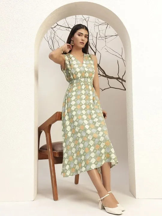 V-Neck Floral Printed Sleeveless Fit & Flare Midi Dress