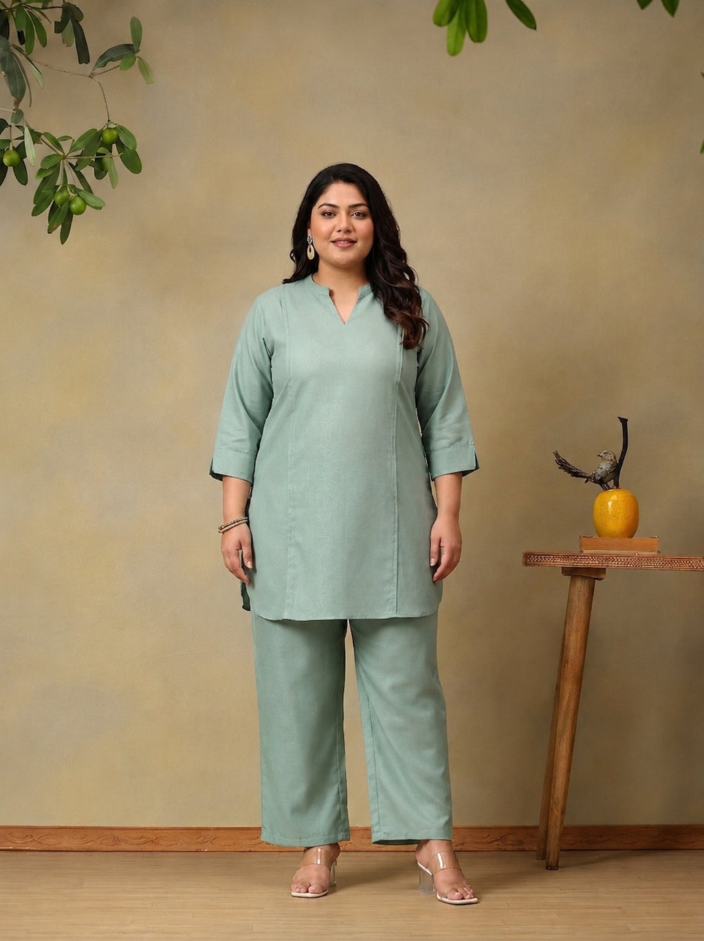 Green Plus Size Summer Checks Solid Tunic with Trousers