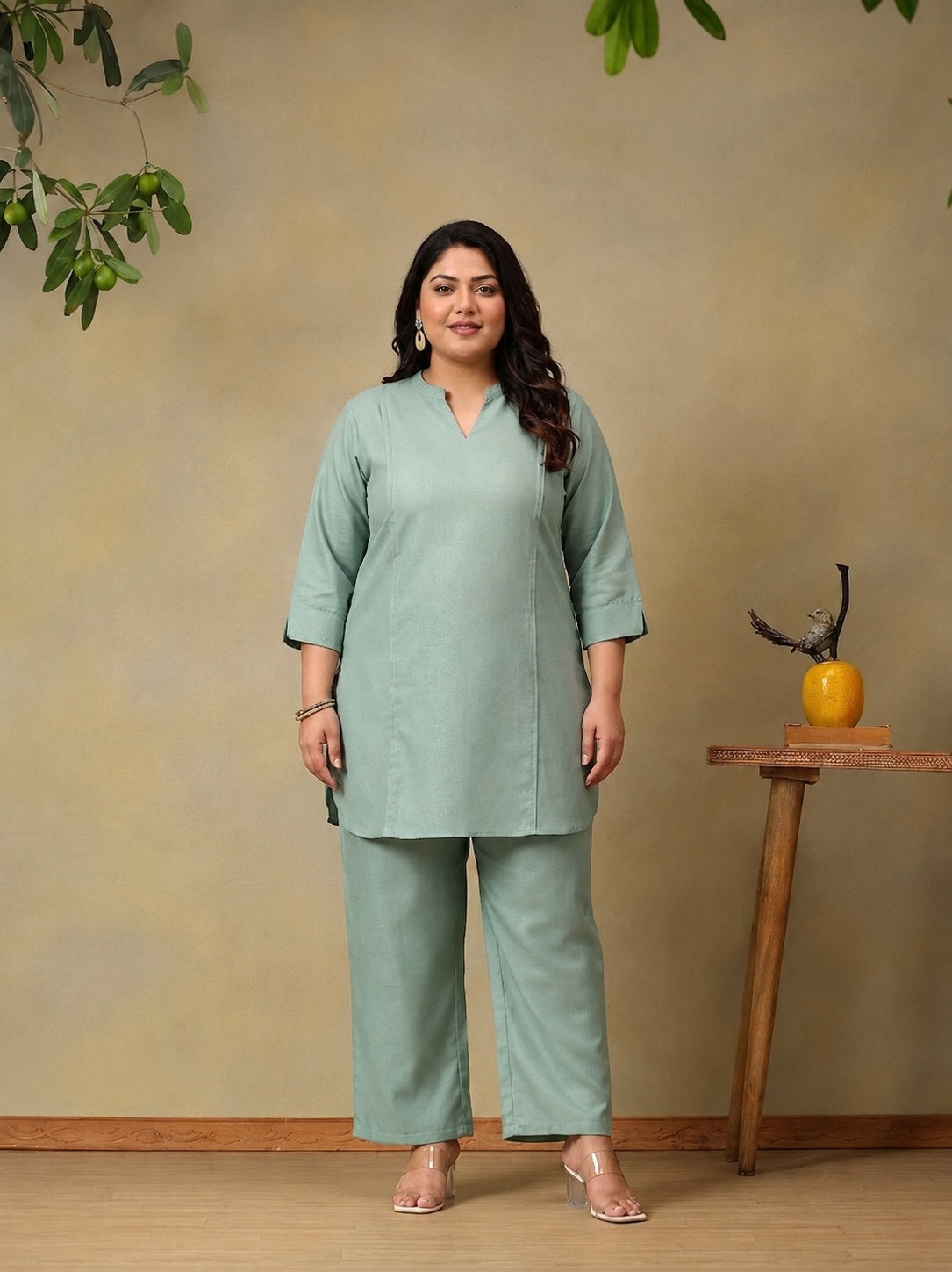 Green Plus Size Summer Checks Solid Tunic with Trousers