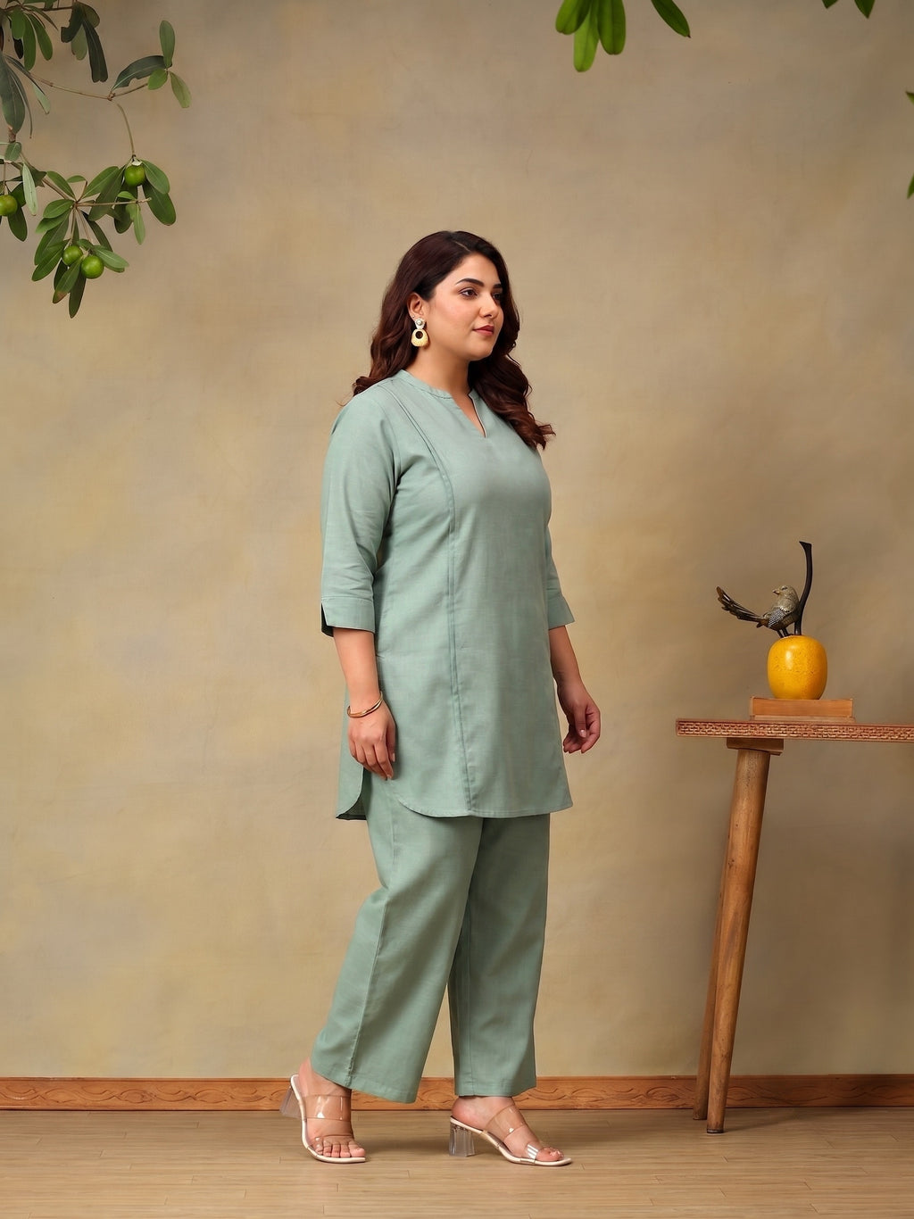 Green Plus Size Summer Checks Solid Tunic with Trousers