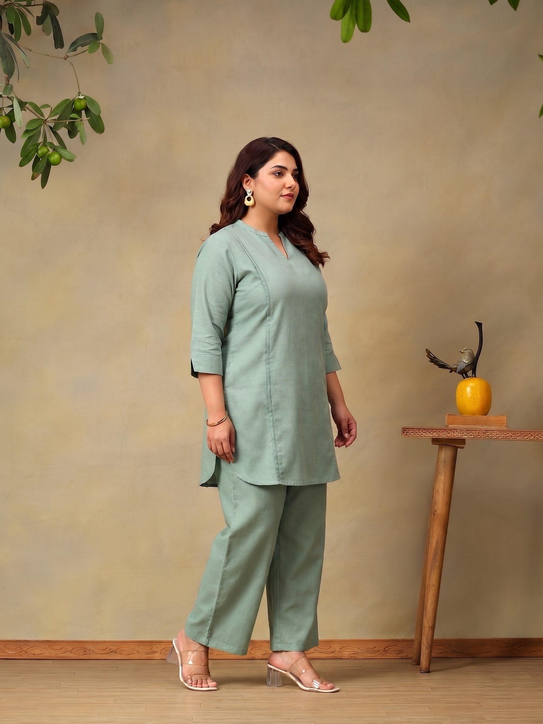 Green Plus Size Summer Checks Solid Tunic with Trousers