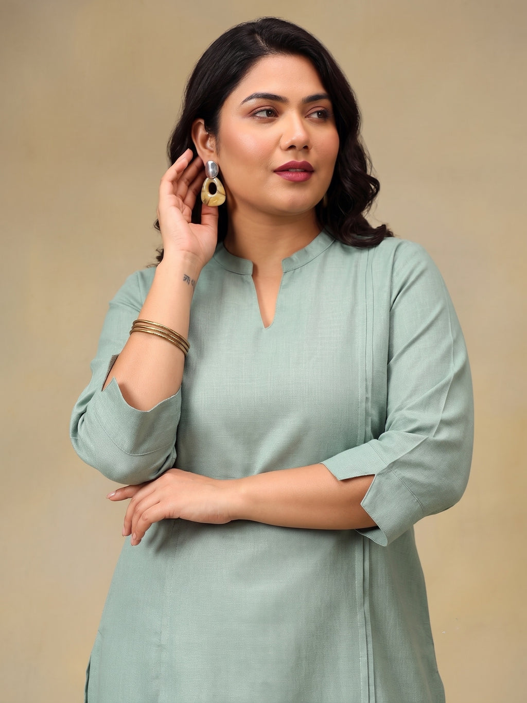 Green Plus Size Summer Checks Solid Tunic with Trousers